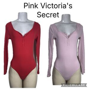 (H1) Victoria's Secret, 2 bodysuits, pink and red Ribbed print, women's size XS